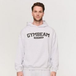 Bluza męska fitness z kapturem oversize Varsity. Szare bluzy sportowe męskie GYMBEAM, bez wzorów, z bawełny, klasyczne, bez kołnierzyka, bez ramiączek. Za 142.90 zł.