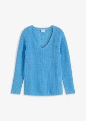 Prążkowany sweter z czystej bawełny. Niebieskie swetry klasyczne damskie bonprix, z bawełny, bez kołnierzyka. Za 117.99 zł.