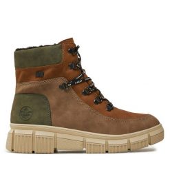 Trzewiki Rieker. Brązowe botki damskie Rieker, bez obcasa, na płaskiej podeszwie, bez zapięcia. Za 279.99 zł.