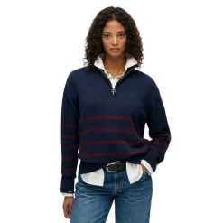 Sweter z kołnierzem typu trucker dla kobiet Superdry. Niebieskie swetry klasyczne damskie Superdry., na zimę, z dzianiny, bez kołnierzyka. Za 343.00 zł.