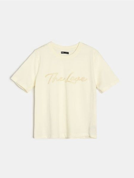 Bawełniana koszulka z ażurowym napisem - żółty. Żółte t-shirty damskie Sinsay, l, w ażurowe wzory, z bawełny, bez kołnierzyka. Za 25.99 zł.