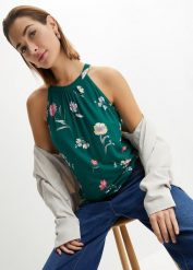 Top ze zrównoważonej wiskozy. Zielone topy damskie bonprix, bez wzorów, z materiału, bez kołnierzyka. Za 52.99 zł.