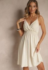 Beżowa Kopertowa Sukienka z Wiskozy Lilisena. Brązowe sukienki damskie Renee, l, bez wzorów, z wiskozy, eleganckie, bez kołnierzyka, bez ramiączek, mini, kopertowe. W wyprzedaży za 62.99 zł.