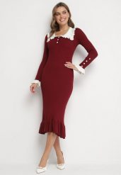 Bordowa Dzianinowa Sukienka Retro z Wiskozą z Kołnierzykiem i Falbanami Hanlira. Czerwone sukienki damskie Born2be, na co dzień, m, bez wzorów, z dzianiny, eleganckie, bez kołnierzyka, bez ramiączek, midi, ołówkowe. W wyprzedaży za 135.99 zł.