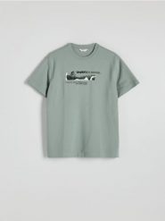 T-shirt comfort z nadrukiem - jasnozielony. Zielone t-shirty męskie Reserved, l, bez wzorów, z bawełny, bez kołnierzyka. W wyprzedaży za 49.99 zł.
