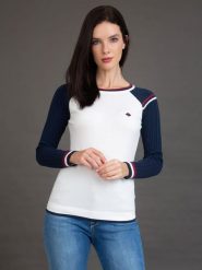 SIR RAYMOND TAILOR Sweter "Jonava" w kolorze biało- ciemno niebieskim rozmiar: L. Białe swetry klasyczne damskie Sir Raymond Tailor, l, z bawełny, bez kołnierzyka. Za 226.75 zł.