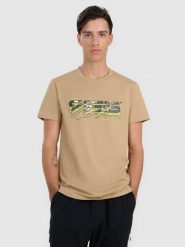 4F T-shirt regular z nadrukiem męski - beżowy XL. Brązowe t-shirty męskie 4f, m, bez wzorów, ze skóry, bez kołnierzyka. W wyprzedaży za 59.99 zł.