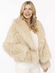 Zwillingsherz Kurtka "Fluffy" w kolorze beżowym ze sztucznego futerka rozmiar: S/M. Brązowe kurtki damskie Zwillingsherz, m, bez wzorów, bez kaptura. Za 289.95 zł.