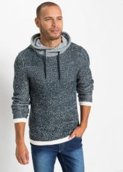 Sweter z szalowym kołnierzem. Niebieskie swetry męskie bonprix, l, bez wzorów, bez kołnierzyka. Za 149.99 zł.