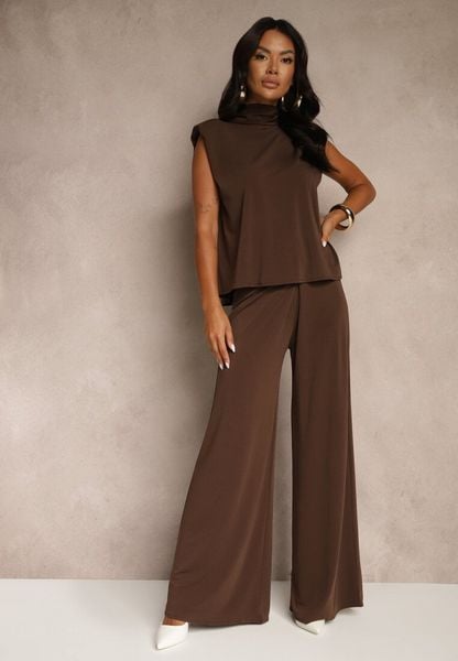 Brązowy Komplet Spodnie o Szerokim Kroju i Bluzka Ozdobiona Wiązaniem Halomia. Brązowe spodnie materiałowe damskie Renee, bez wzorów, eleganckie. Za 159.99 zł.