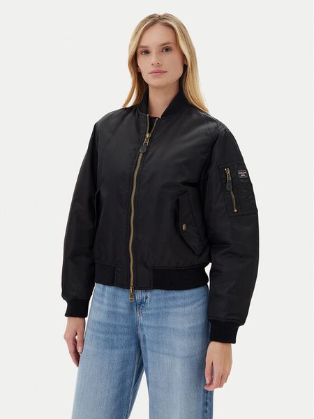 Guess Jeans Kurtka bomber W5RL81 WHAA2 Czarny Regular Fit. Czarne kurtki damskie Guess Jeans, l, z aplikacjami, z jeansu, bez kaptura. Za 379.99 zł.