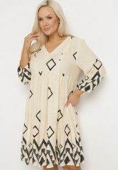 Jasnobeżowa Bawełniana Sukienka Pudełkowa w Geometryczny Wzór Claradina. Brązowe sukienki damskie Born2be, l, bez wzorów, z bawełny, eleganckie, bez kołnierzyka, plus size, bez ramiączek, midi. W wyprzedaży za 95.99 zł.