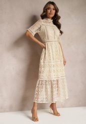 Beżowa Rozkloszowana Sukienka Maxi Ażurowa z Falbanką Ranilette. Brązowe sukienki damskie Renee, na lato, m, w ażurowe wzory, eleganckie, bez kołnierzyka, bez ramiączek, maxi, rozkloszowane. W wyprzedaży za 209.99 zł.