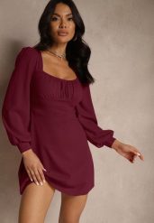 Fioletowa Sukienka Ozdobione Bufiastymi Rękawami Sopivara. Fioletowe sukienki damskie Renee, na co dzień, l, bez wzorów, eleganckie, bez kołnierzyka, bez ramiączek, mini. W wyprzedaży za 103.99 zł.