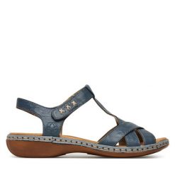 Sandały Rieker. Niebieskie sandały damskie Rieker, bez wzorów, bez obcasa, na płaskiej podeszwie. Za 259.99 zł.