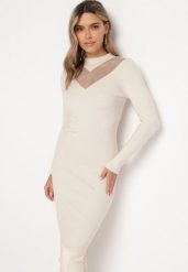 Jasnobeżowa Dzianinowa Sukienka Midi z Półgolfem i Siateczkowym Dekoltem z Cyrkoniami Faelinn. Brązowe sukienki damskie Born2be, na imprezę, s, bez wzorów, z dzianiny, eleganckie, bez kołnierzyka, bez ramiączek, midi. Za 39.99 zł.