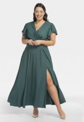 Sukienka kobieca długa z rozporkiem kopertowy dekolt AKSENA butelkowa zieleń. Zielone sukienki damskie KARKO, na studniówkę, l, bez wzorów, z elastanu, bez kołnierzyka, plus size, bez ramiączek, maxi, kopertowe. Za 289.50 zł.