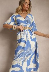 Niebieska Pudełkowa Sukienka w Abstrakcyjny Wzór z Dekoltem w Kształcie Litery V Sallinori. Niebieskie sukienki damskie Renee, plus size, bez wzorów, eleganckie, bez kołnierzyka, plus size, bez ramiączek, midi. W wyprzedaży za 63.99 zł.