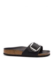 Birkenstock Klapki Madrid Big Buckle 1006523 Czarny. Czarne klapki damskie Birkenstock, bez wzorów, z nubiku, bez obcasa. Za 589.99 zł.