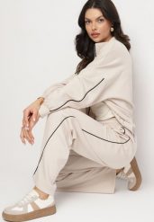 Jasnobeżowy Komplet Dresowy z Wiskozą w Stylu Retro Bluza i Szerokie Spodnie Lavriz. Brązowe bluzy bez kaptura damskie Born2be, z dresówki. Za 179.99 zł.