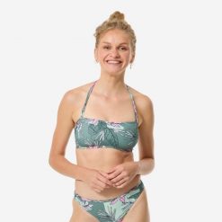 Góra kostiumu kąpielowego surfingowego damska Decathlon Laura Numea. Zielone bikini damskie Decathlon, bez wzorów. Za 59.99 zł.