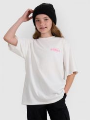 4F T-shirt oversize z nadrukiem dziewczęcy - biały 122 (6-7 lat). Białe koszulki dziewczęce 4f, bez wzorów, ze skóry, bez ramiączek. W wyprzedaży za 39.99 zł.