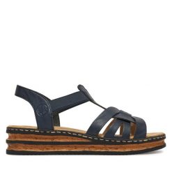 Sandały Rieker. Niebieskie sandały damskie Rieker, bez wzorów, bez obcasa, na koturnie. Za 299.99 zł.