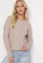 Beżowy Sweter Ozdobiony Klasycznym Splotem Lacemisa. Brązowe swetry klasyczne damskie Born2be, z dzianiny, bez kołnierzyka. Za 84.99 zł.