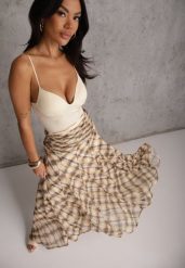 Beżowo-Żółta Spódnica Preppy o Rozkloszowanym Kroju z Marszczeniem w Talii Telemeia. Brązowe spódniczki damskie Renee, l, bez wzorów, z poliesteru, maxi, dopasowane. Za 149.99 zł.