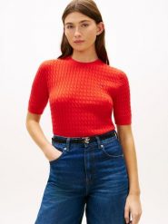 Tommy Hilfiger koszulka z dzianiny Kobiety Bawełna czerwony, L. Czerwone bluzki sportowe damskie Tommy Hilfiger, l, z bawełny, bez kołnierzyka, bez ramiączek. Za 329.95 zł.