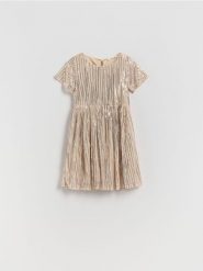 Sukienka z błyszczącą nicią - beżowy. Brązowe sukienki dziewczęce Reserved, bez wzorów, z tkaniny, bez ramiączek. Za 119.99 zł.