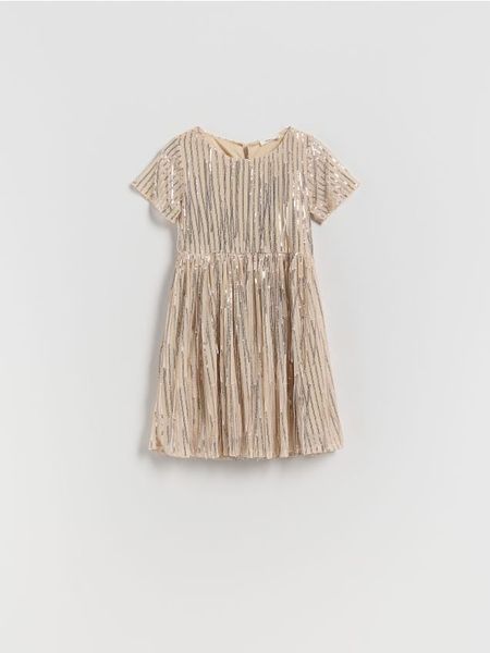 Sukienka z błyszczącą nicią - beżowy. Brązowe sukienki dziewczęce Reserved, bez wzorów, z tkaniny, bez ramiączek. Za 119.99 zł.