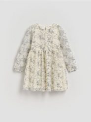 Sukienka z haftowanym wzorem - złamana biel. Sukienki dziewczęce Reserved, bez wzorów, z materiału, bez ramiączek. Za 119.99 zł.