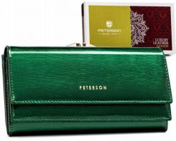 Portfel skórzany Peterson PTN 421028-SH zielony. Zielone portfele damskie Peterson, bez wzorów, ze skóry. Za 134.00 zł.