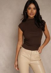 Brązowy Top z Bawełny i Wiskozy ze Stójką i Marszczeniem w Talii Zetelie. Brązowe topy damskie Renee, m, bez wzorów, z bawełny, bez kołnierzyka. Za 59.99 zł.