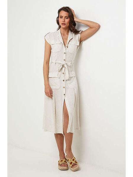 Lin Passion Lniana sukienka w kolorze kremowym rozmiar: 34/36. Brązowe sukienki damskie Lin Passion, na co dzień, bez wzorów, ze lnu, klasyczne, bez kołnierzyka, bez ramiączek, midi, proste. Za 132.05 zł.