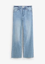 Jeansy wide leg, wysoki stan. Niebieskie jeansy damskie bonprix, z podwyższonym stanem. Za 124.99 zł.