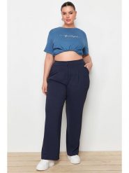 Trendyol Spodnie w kolorze granatowym rozmiar: 42. Niebieskie spodnie materiałowe damskie Trendyol, bez wzorów, z materiału, z podwyższonym stanem. Za 60.99 zł.