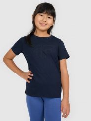 4F T-shirt oversize z nadrukiem dziewczęcy - granatowy 128 (7-8 lat). Niebieskie koszulki dziewczęce 4f, bez wzorów, z bawełny, bez ramiączek. W wyprzedaży za 29.99 zł.
