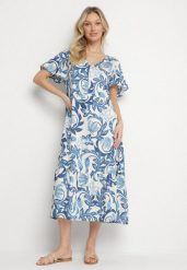 Niebieska Pudełkowa Sukienka z Wiskozy w Kwiaty z Dekoltem w Serek Inisara. Niebieskie sukienki damskie Born2be, na co dzień, l, bez wzorów, z jeansu, eleganckie, bez kołnierzyka, bez ramiączek, midi. W wyprzedaży za 71.99 zł.