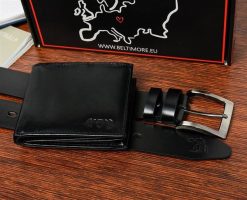 Zestaw męski skórzany premium Beltimore portfel pasek klasyczny U32 : Kolory - czarny, Rozmiar pasków - r.115-130 cm. Czarne paski męskie bez wzorów, klasyczne. Za 114.90 zł.