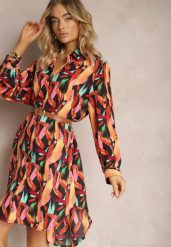 Czarno-Pomarańczowa Długa Koszula na Guziki z Geometrycznymi Wzorami Lakiria. Czarne koszule damskie Renee, xl, bez wzorów, z jeansu, eleganckie, bez kołnierzyka, bez ramiączek. Za 99.99 zł.