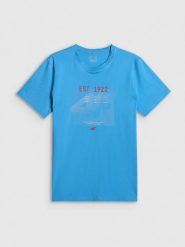 4F T-shirt regular z nadrukiem męski - niebieski S. Niebieskie t-shirty męskie 4f, m, bez wzorów, z materiału, bez kołnierzyka. Za 69.99 zł.
