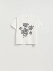 T-shirt z aplikacjami - biały. Białe t-shirty damskie Reserved, l, z aplikacjami, z bawełny, bez kołnierzyka. Za 69.99 zł.