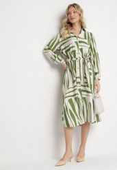 Zielona Sukienka Koszulowa z Wiskozą w Geometryczny Wzór Wiązana w Talii Ninalora. Zielone sukienki damskie Born2be, na co dzień, l, bez wzorów, z wiskozy, eleganckie, bez kołnierzyka, bez ramiączek, midi, koszulowe. W wyprzedaży za 119.99 zł.