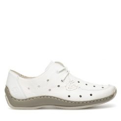 Półbuty Rieker. Białe półbuty damskie Rieker, bez wzorów, bez obcasa, na płaskiej podeszwie. Za 299.99 zł.