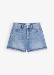 Szorty dżinsowe high waist, low stretch. Niebieskie szorty damskie bonprix, bez wzorów, z denimu, z podwyższonym stanem. Za 97.99 zł.