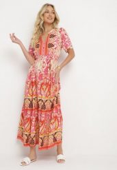 Czerwona Wiskozowa Sukienka Boho Zapinana na Guziki z Materiałowym Paskiem w Talii Dimovana. Czerwone sukienki damskie Born2be, na co dzień, l, z aplikacjami, z materiału, boho, bez kołnierzyka, bez ramiączek, maxi, proste. Za 109.99 zł.