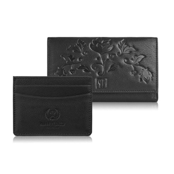 Zestaw prezentowy dla niej portfel damski w kwiaty T-45 i skórzane etui na karty T-151 Paolo Peruzzi ZUP-144-BL. Czarne portfele damskie Paolo Peruzzi, bez wzorów, ze skóry. Za 99.00 zł.