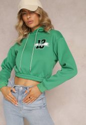 Zielona Krótka Bluza z Kapturem Ściągaczami i Ozdobnym Nadrukiem Relis. Zielone bluzy sportowe damskie Renee, l. Za 34.99 zł.
